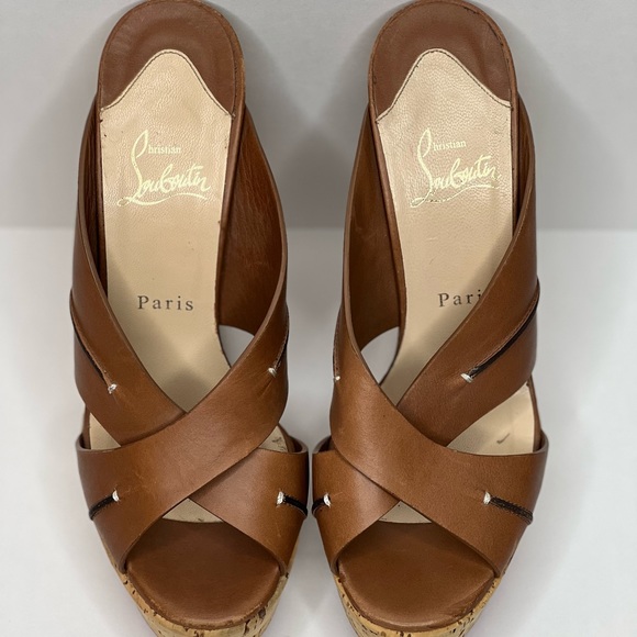 Christian Louboutin Brown Leather & Cork Covered Wedges. Size 8 - Picture 2 of 11